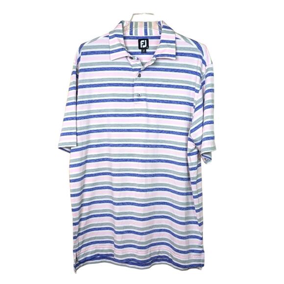 Footjoy Polo Shirt Mens Large Pink Blue Striped Golf Short Sleeve Embroidered FJ - Picture 2 of 11